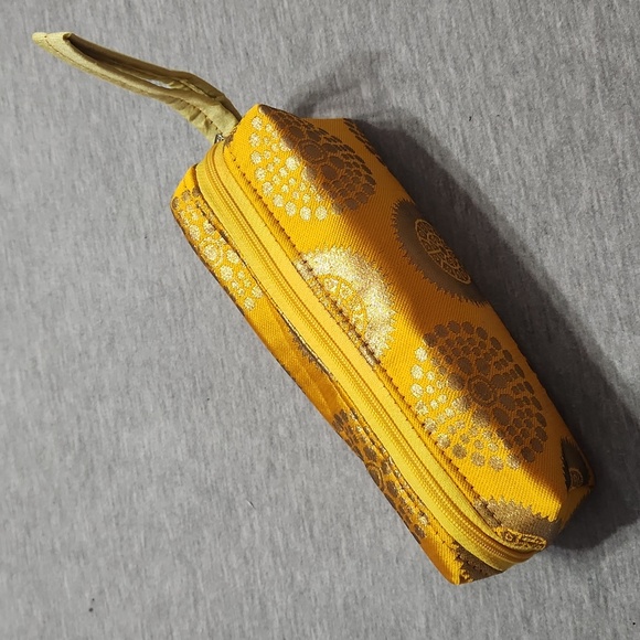 Handmade Indian Patterned Gold Mini Travel Cosmetics Case Zippered Pencil Pouch - Picture 2 of 7